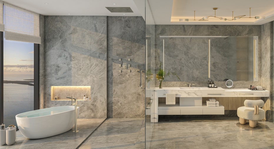 Waldorf Astoria Residences Miami penthouse master bathroom.