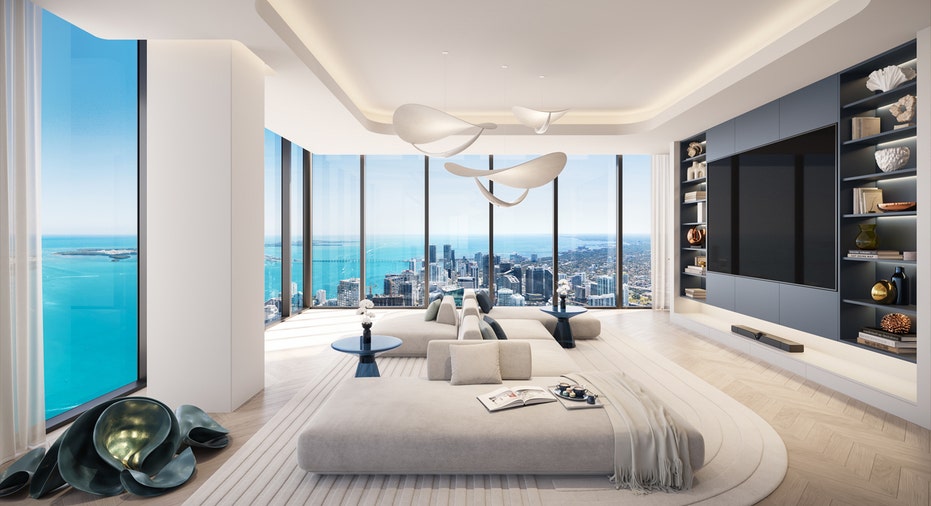 Waldorf Astoria Residences Miami penthouse family room.