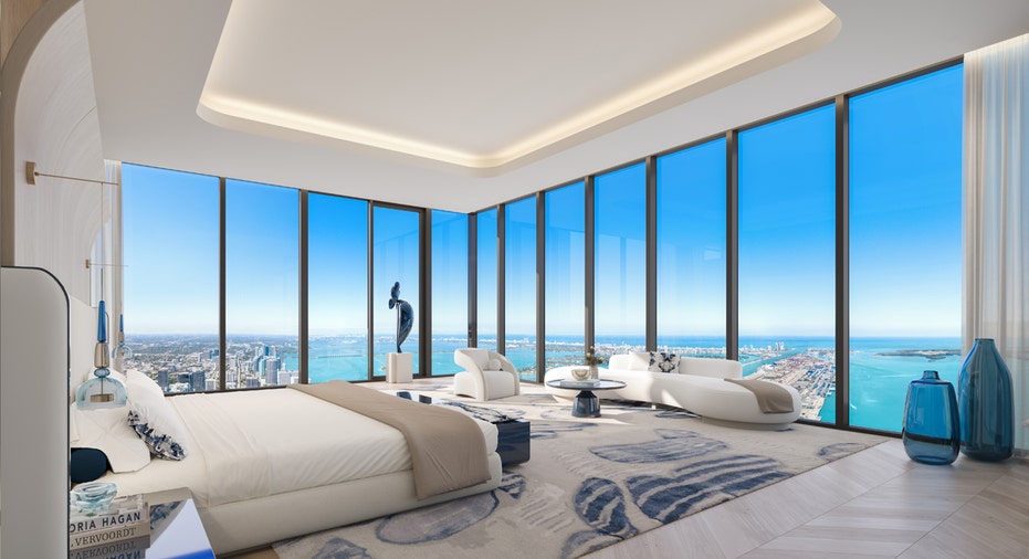 Waldorf Astoria Residences Miami penthouse master bedroom.