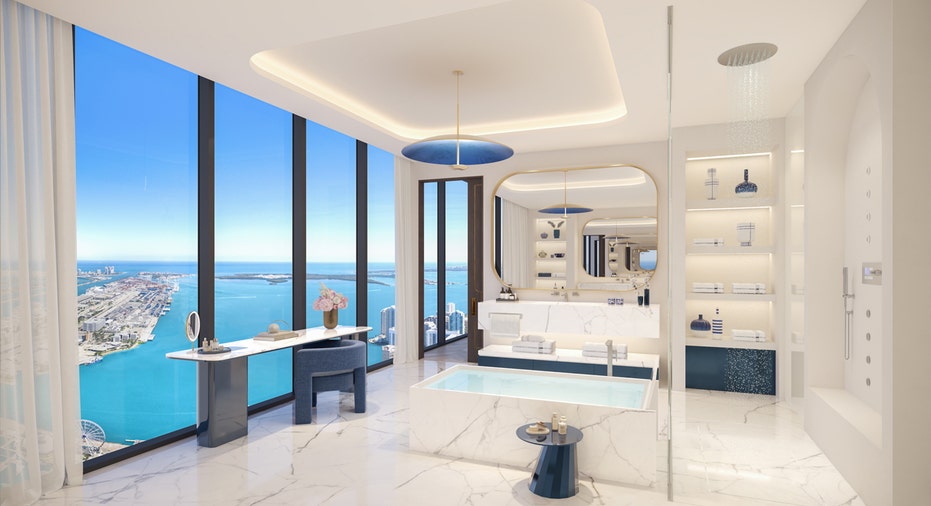 Waldorf Astoria Residences Miami penthouse master bathroom.