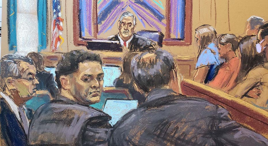 A sketch of Sam Bankman-Fried in court