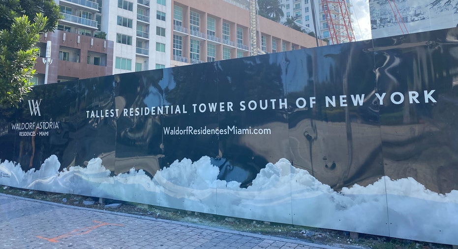 Waldorf Astoria Residences Miami construction site and sign.