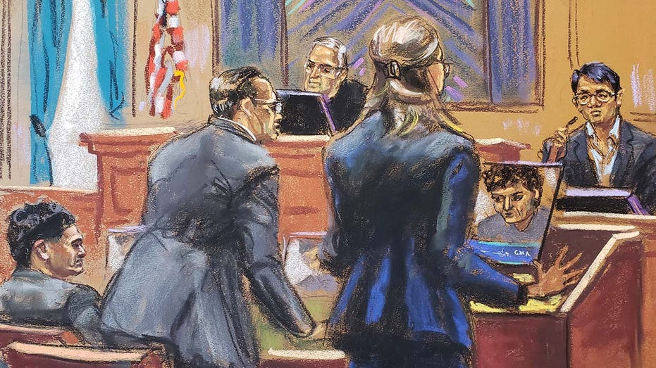 A court sketch depicts FTX founder Sam Bankman-Fried’s fraud trial in a Manhattan courtroom