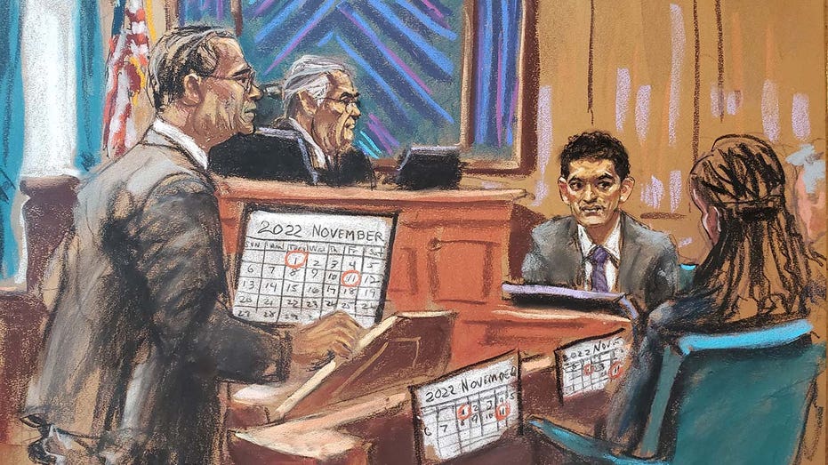 A court sketch of FTX founder Sam Bankman-Fried being questioned by Mark Cohen in federal court