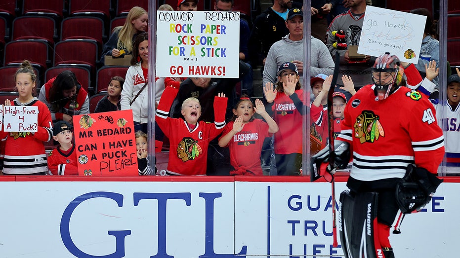 Fans cheer on the Blackhawks