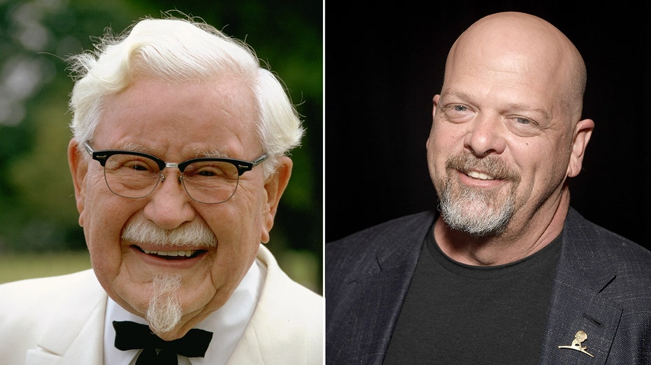 A split side-by-side photo of Colonel Sanders and Rick Harrison