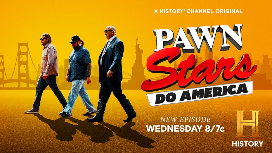 A bright orange sign advertising the new season of Pawn Stars Do America