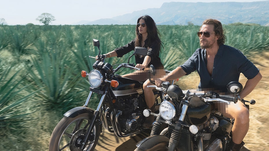 Camila and Matthew McConaughey riding motorcycles without pants on