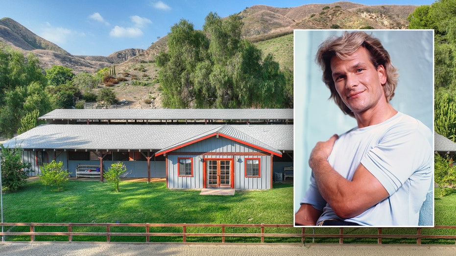 A photo of Patrick Swayze's former home inset with a photo of Patrick Swayze