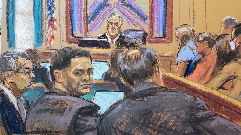 A sketch of Sam Bankman-Fried in court