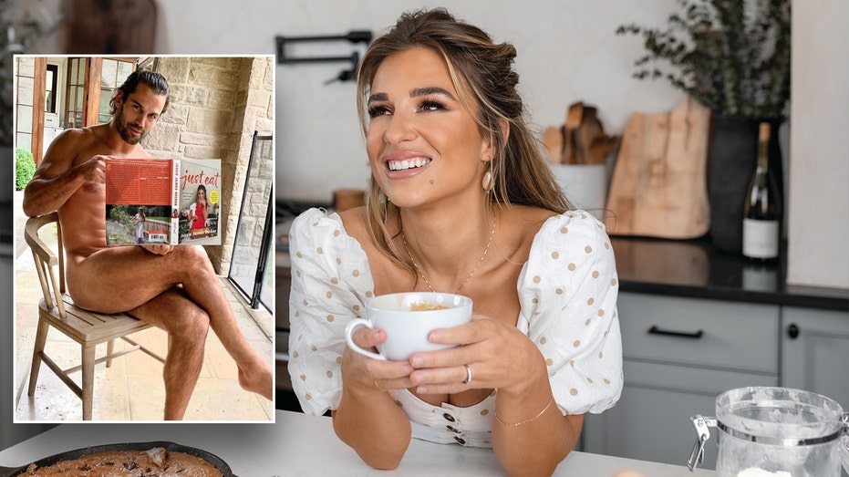 eric decker posing naked with just eat cookbook/jessie james decker in kitchen holding coffee cup