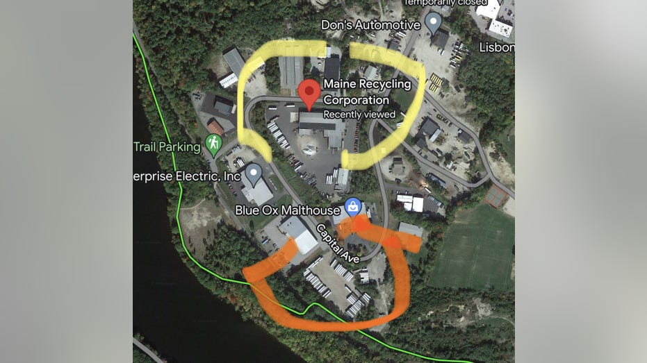 Robert Card, the Maine mass murderer, was found dead with a self inflicted gunshot wound in a trailer lot (in red) that's part of the recycling center (in yellow) Friday night