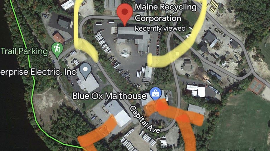 Robert Card, the Maine mass murderer, was found dead with a self inflicted gunshot wound in a trailer lot (in red) that's part of the recycling center (in yellow) Friday night