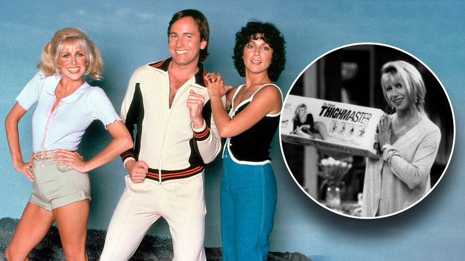 Suzanne Somers, John Ritter and Joyce DeWitt on 'Three's Company'; inset: Somers and Thighmaster