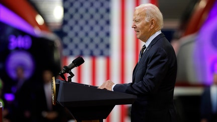 President Joe Biden announces more than $16 billion in new funding for rail projects on the Northeast Corridor at the Amtrak Bear Heavy Maintenance Facility on November 06, 2023 in Bear, Delaware. Last week Biden threatened to veto legislation proposed by House Republicans for FY2024 that would cut Amtrak funding by 64% below the 2023 enacted level. 