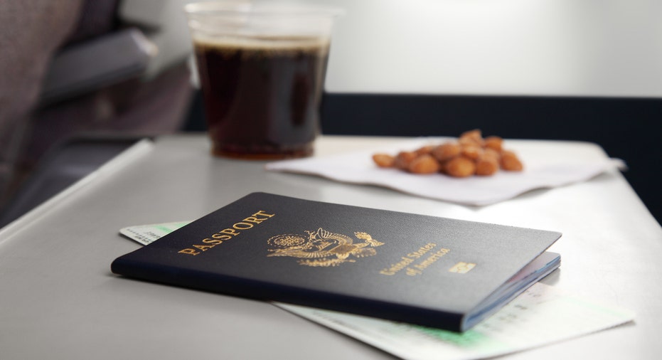 Peanuts plane tray with passport
