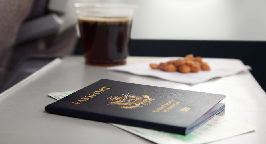 Peanuts plane tray with passport