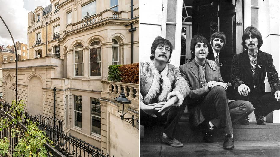 a split of the home and the Beatles in front of the home