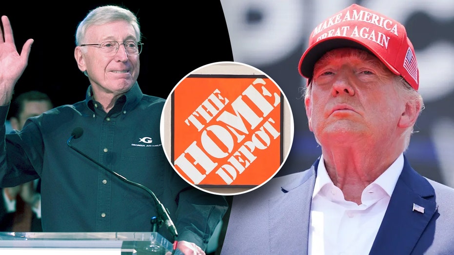 A collage of Bernie Marcus and Donald Trump, with a The Home Depot sign