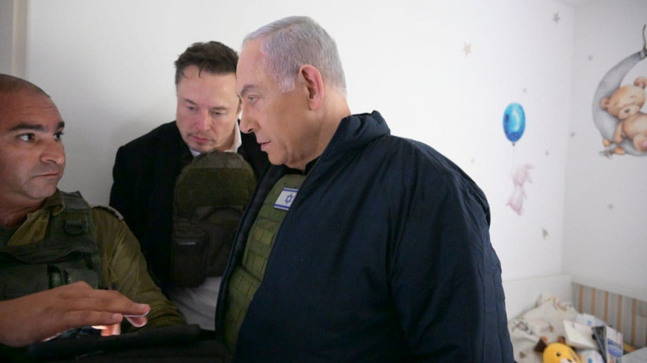 Musk, Netanyahu in a child's room with walls full of bullet holes