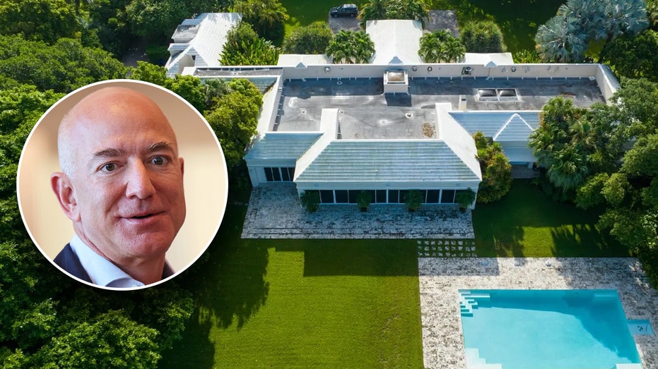 Jeff Bezos and a bird's eye view of the house with a swimming pool
