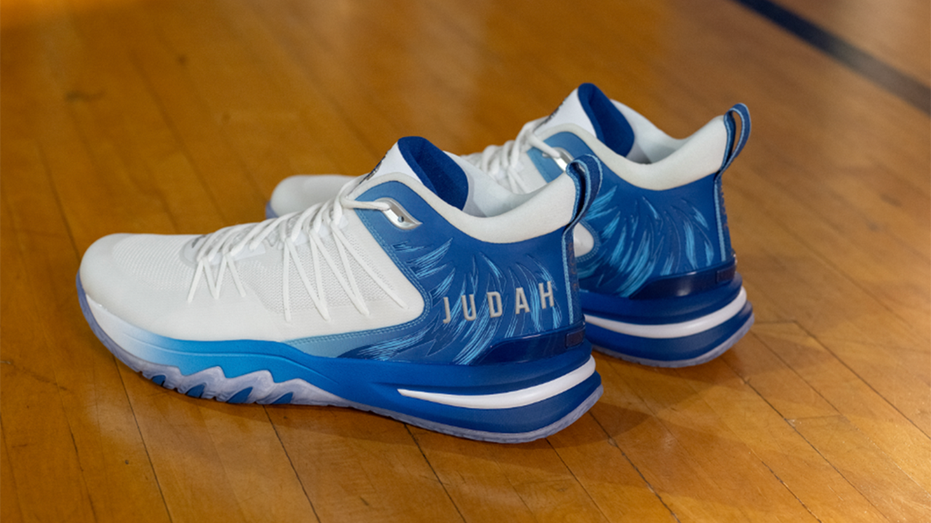 blue and white basketball shoe