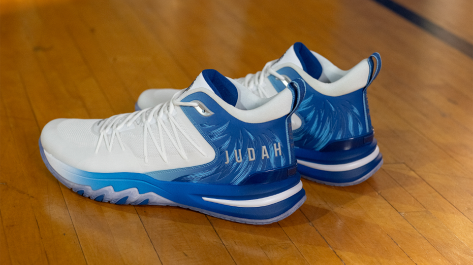 blue and white basketball shoe