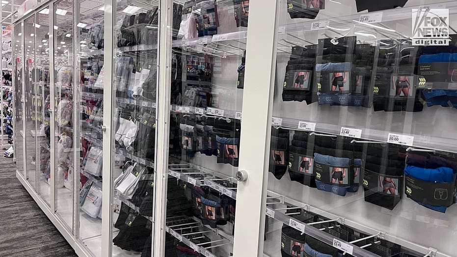 Underwear locked up behind glass to guard against theft