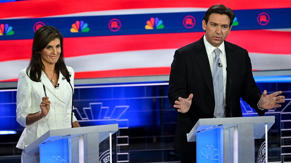 Nikki Haley and Ron DeSantis at the third Republican presidential debate in Miami