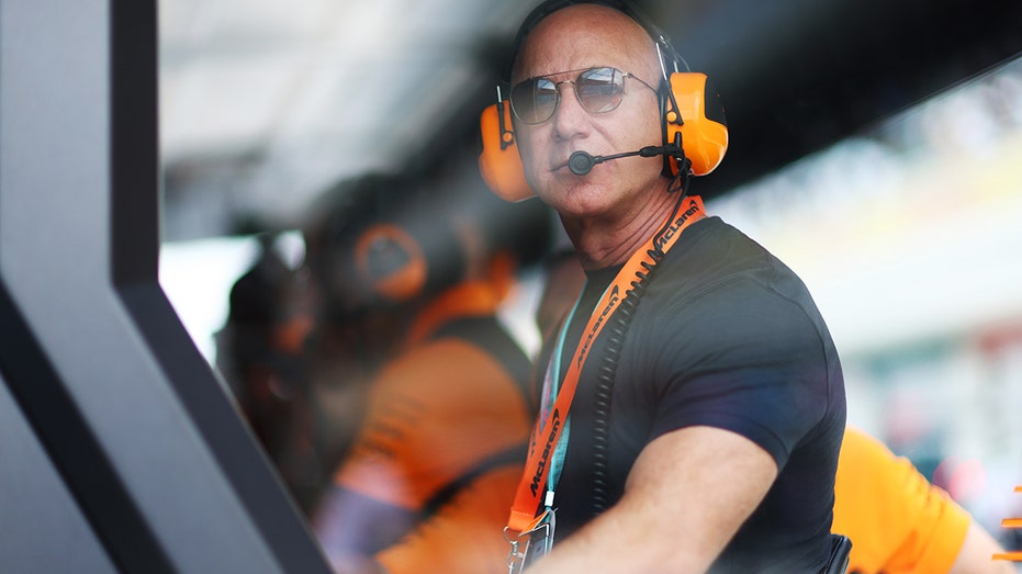 Jeff Bezos looks on from the McLaren pitwall during final practice ahead of the F1 Grand Prix of Miami