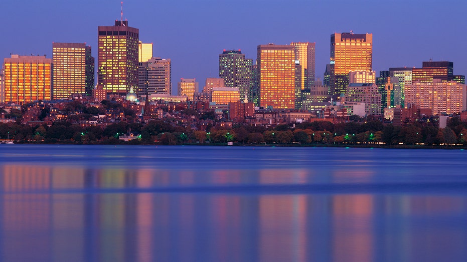 Boston skyline at sunset from Harvard