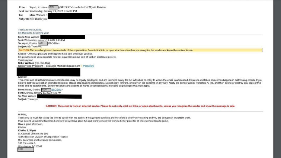 research report disclosure requirements SEC's Kristina Wyatt exchanges emails with Persefoni SVP Mike Wallace about potentially joining the company, days before she ultimately departed the SEC.