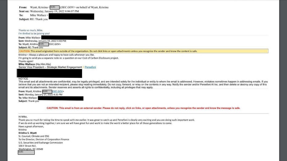 SEC's Kristina Wyatt exchanges emails with Persefoni SVP Mike Wallace about potentially joining the company, days before she ultimately departed the SEC.