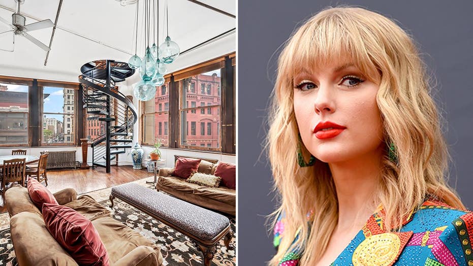 A split of the apartment's living room and Taylor Swift