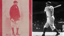 Babe Ruth as he appears in a 1914 minor league trading card, left, and later as the legendary Sultan of Swat with the New York Yankees.