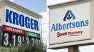 A split image of Albertsons and Kroger.