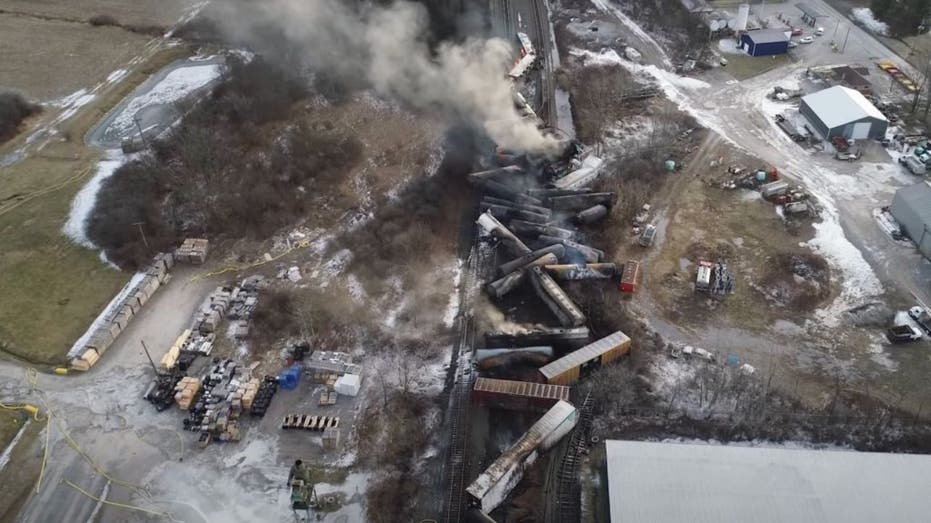 An overhead shot of the crash site of the East Palestine derailment