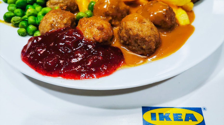 An IKEA meal of meatballs, mashed potatoes and lingonberry sauce