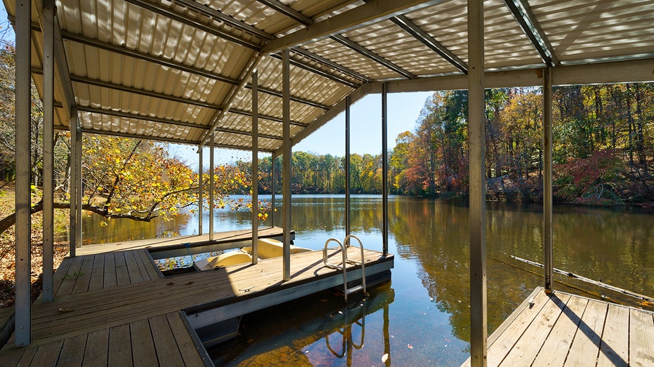 Exterior view of boat dock on lake.