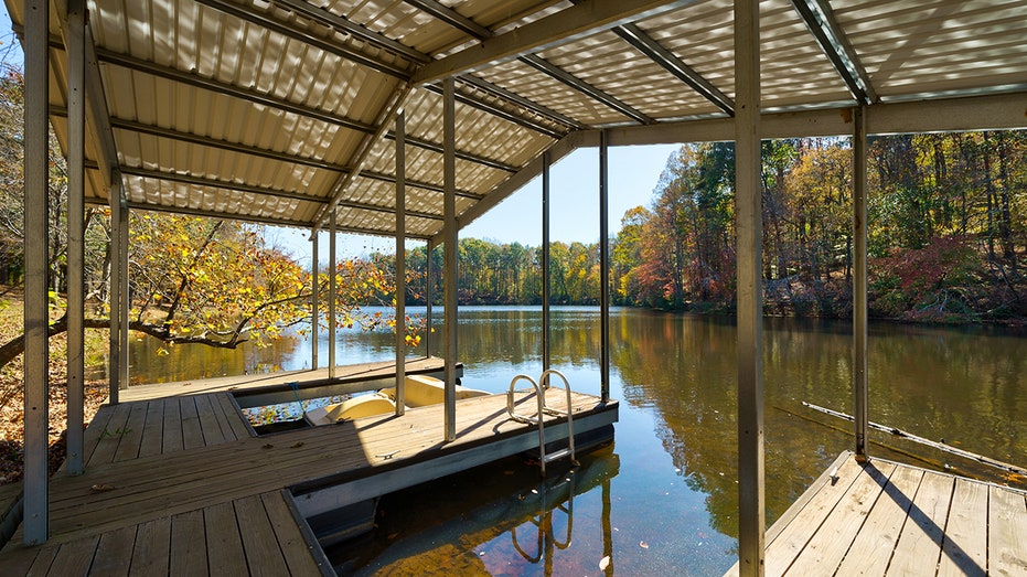 Exterior view of boat dock on lake.