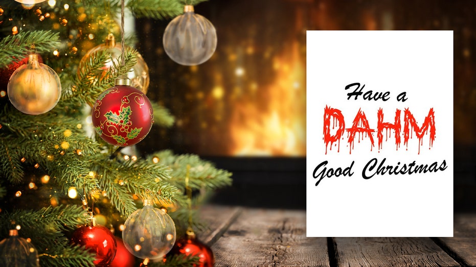 Dahmer Christmas card inset over Christmas tree near fireplace