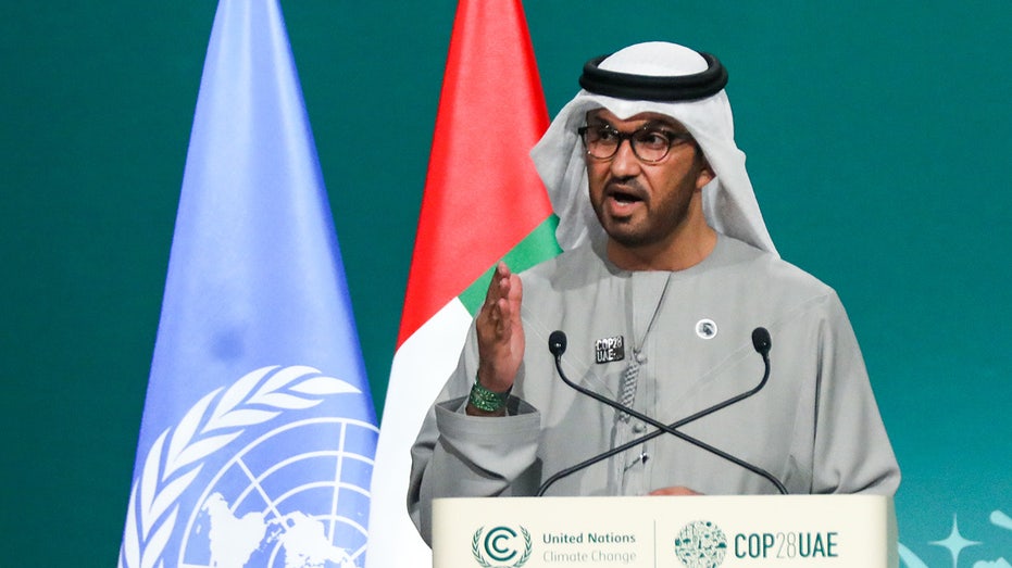 COP28 President Sultan Ahmed Al Jaber at podium