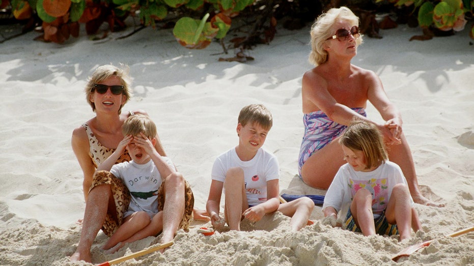 Princess Diana With Prince William And Prince Harry With One Of Her Neices, Frances Shand-kydd on the beach at Necker Island