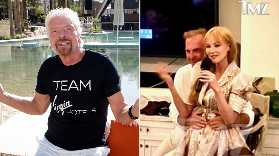 Richard Branson split screnn with Kevin Costner holding Jewel on his lap