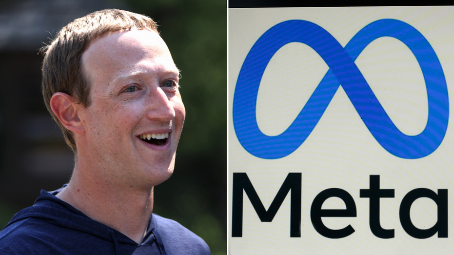 Meta CEO Mark Zuckerberg and Meta logo split image
