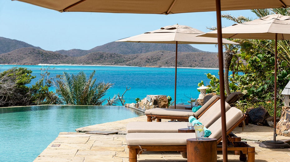 View from the resort of the pool and ocean on Necker Island