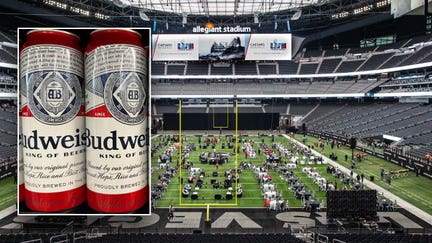 A Budweiser can with an image of the 2024 Super Bowl stadium.