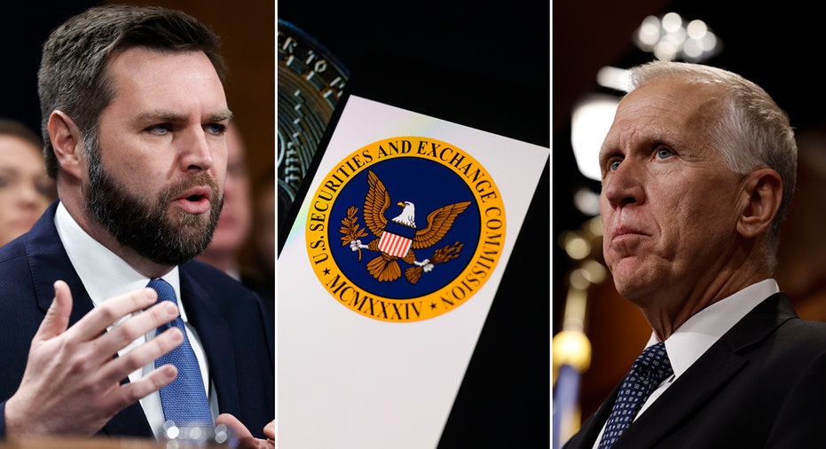 JD Vance, the SEC logo and Thom Tillis in a 3-split image