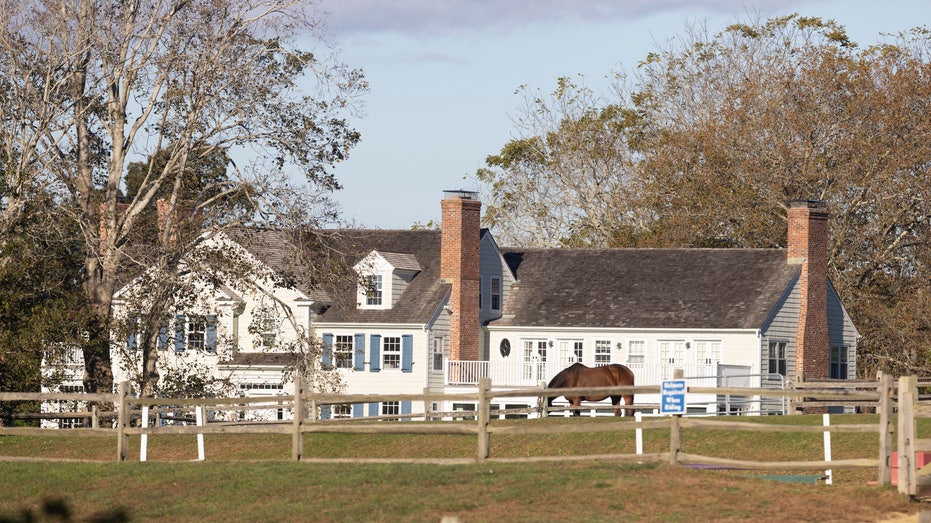 Alec Baldwin's Amagansett farmhouse mansion pictured with its multiple chimneys and extensions
