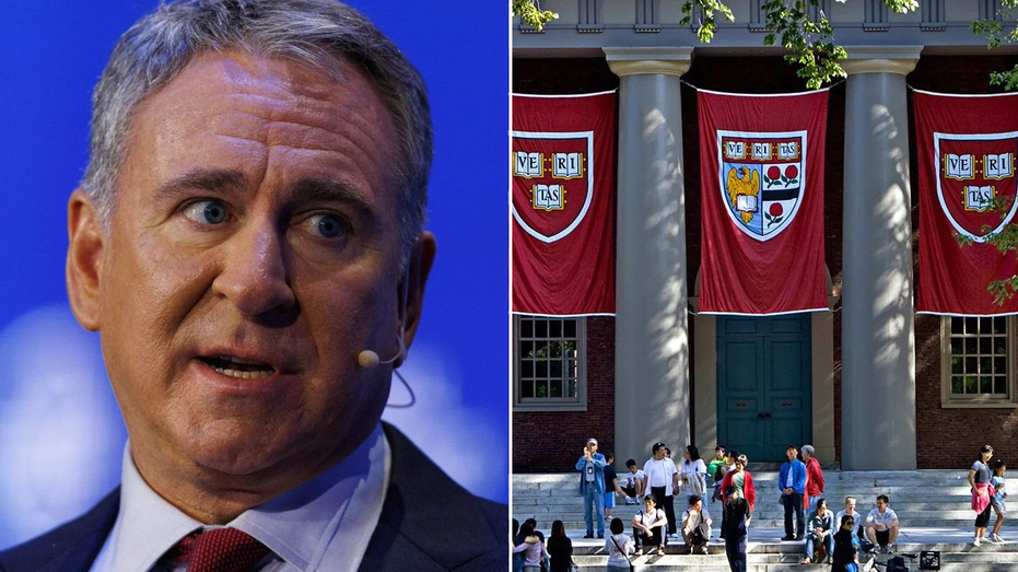 Billionaire Ken Griffin and Harvard University split image